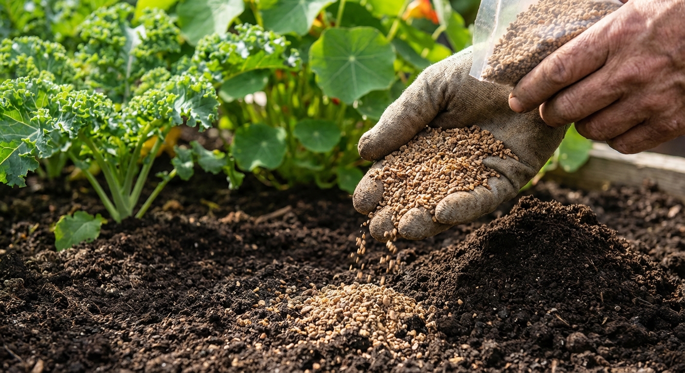 A close-up photo of castor oil pest repellent granules being sprinkled by hand over a garden bed near a fresh soil mound, with green plants in the background
