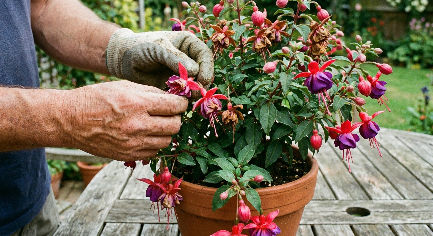 A close-up photo of hands gently deadheading spent fuchsia flowers on a potted plant outdoors, with fresh buds visible nearby