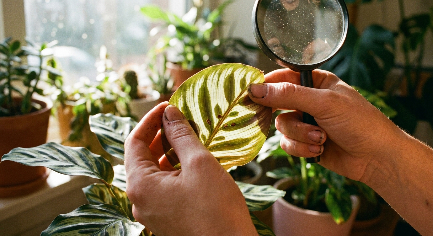 A close-up photo of hands gently lifting a Calathea leaf to inspect the underside for tiny pests near a sunny window, real indoor plant care scene