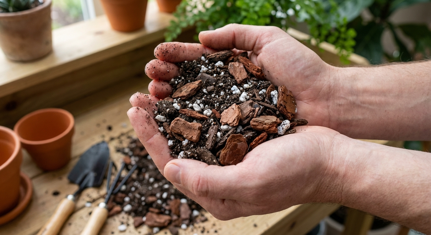 A close-up photo of hands holding a chunky aroid soil mix with orchid bark, perlite, and dark potting soil, indoor potting bench scene, photorealistic texture detail