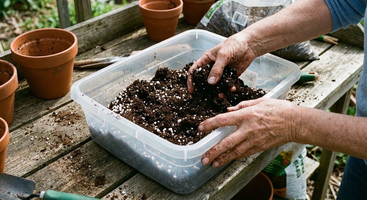 A close-up photo of hands mixing damp peat moss and white perlite in a clean plastic tub on a potting bench, natural light, photorealistic