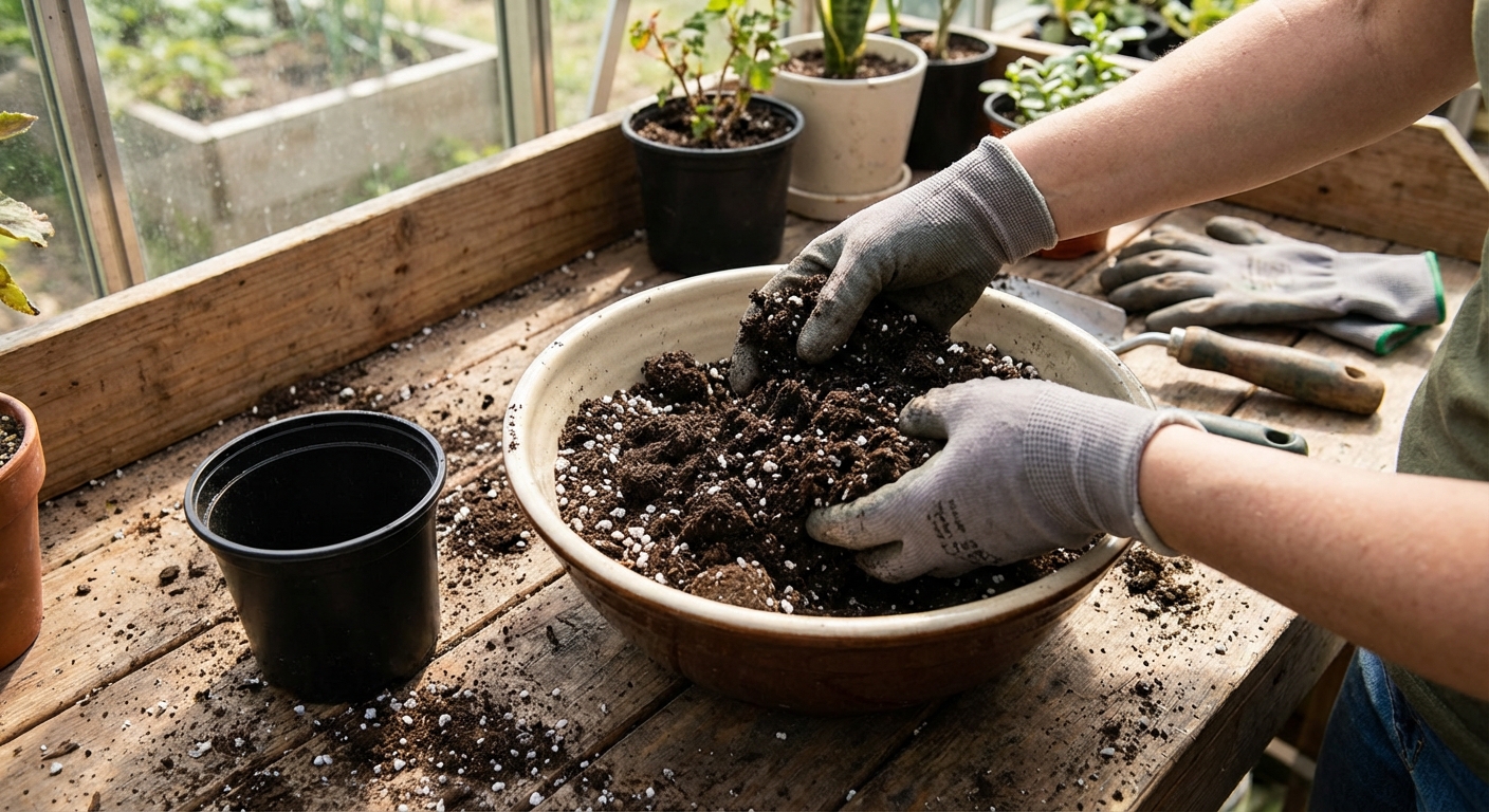 A close up photo of hands mixing potting soil and perlite in a bowl on a potting bench, with an empty nursery pot nearby, photorealistic gardening scene