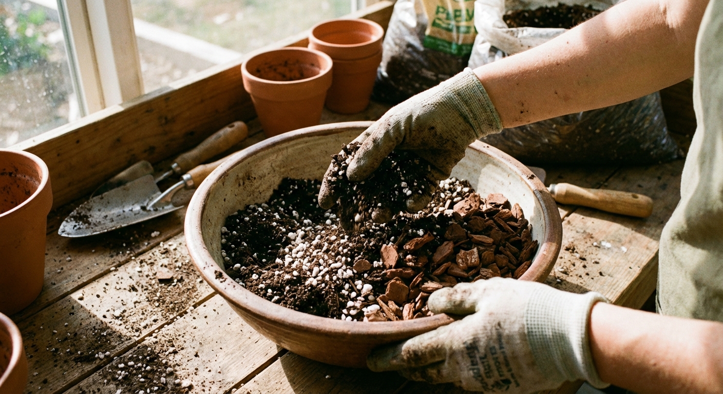A close-up photo of hands mixing potting soil with perlite and orchid bark in a large bowl on a potting bench, natural light, photorealistic