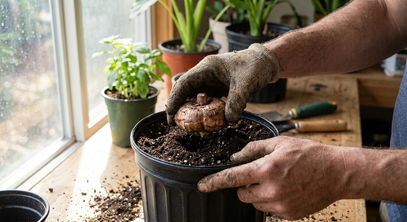 A close-up photo of hands placing a firm elephant ear corm into fresh potting mix inside a black nursery pot near a bright window