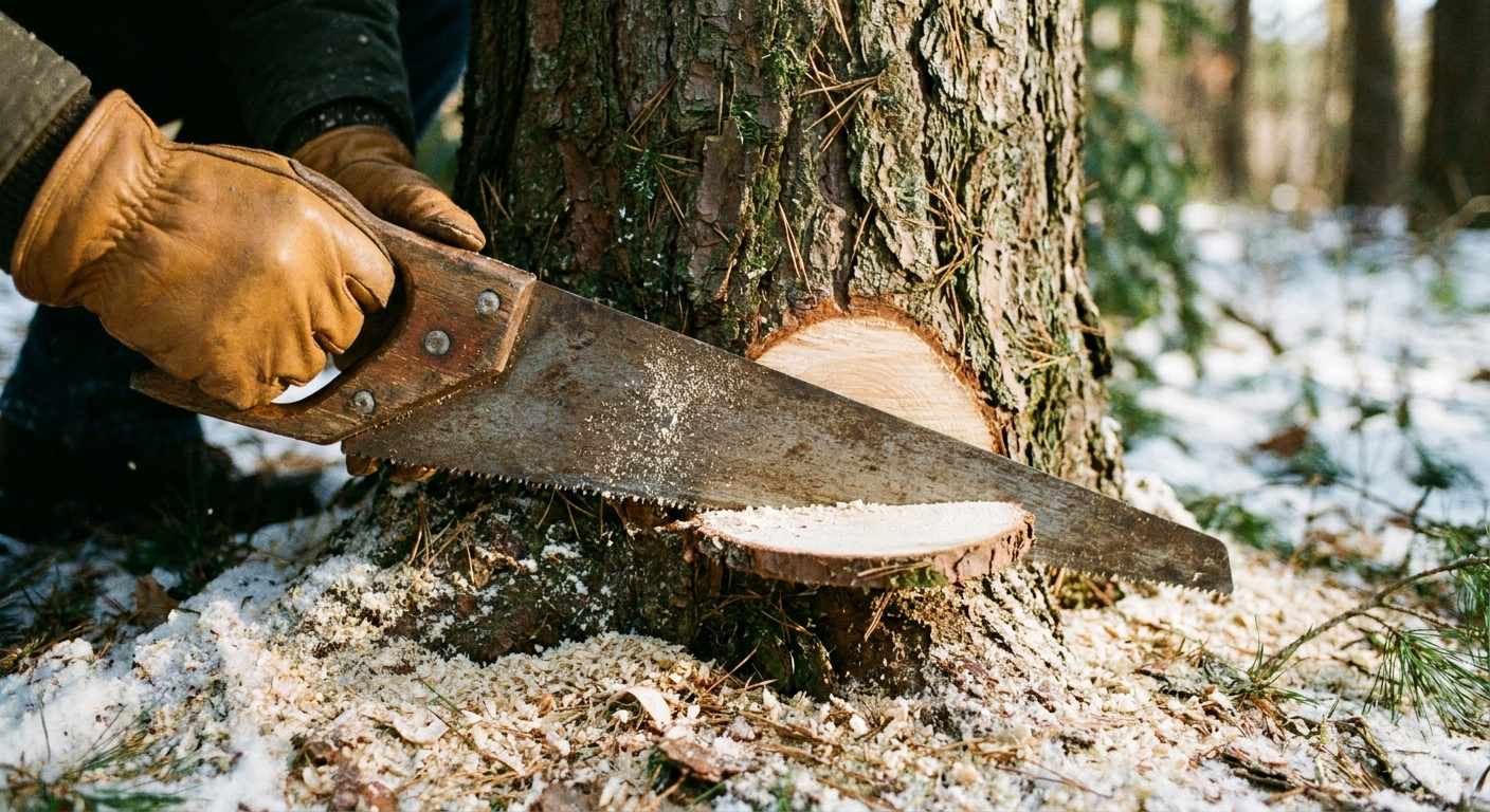 A close-up photo of hands using a hand saw to slice a thin round off the base of a Christmas tree trunk outdoors, wood shavings on the ground