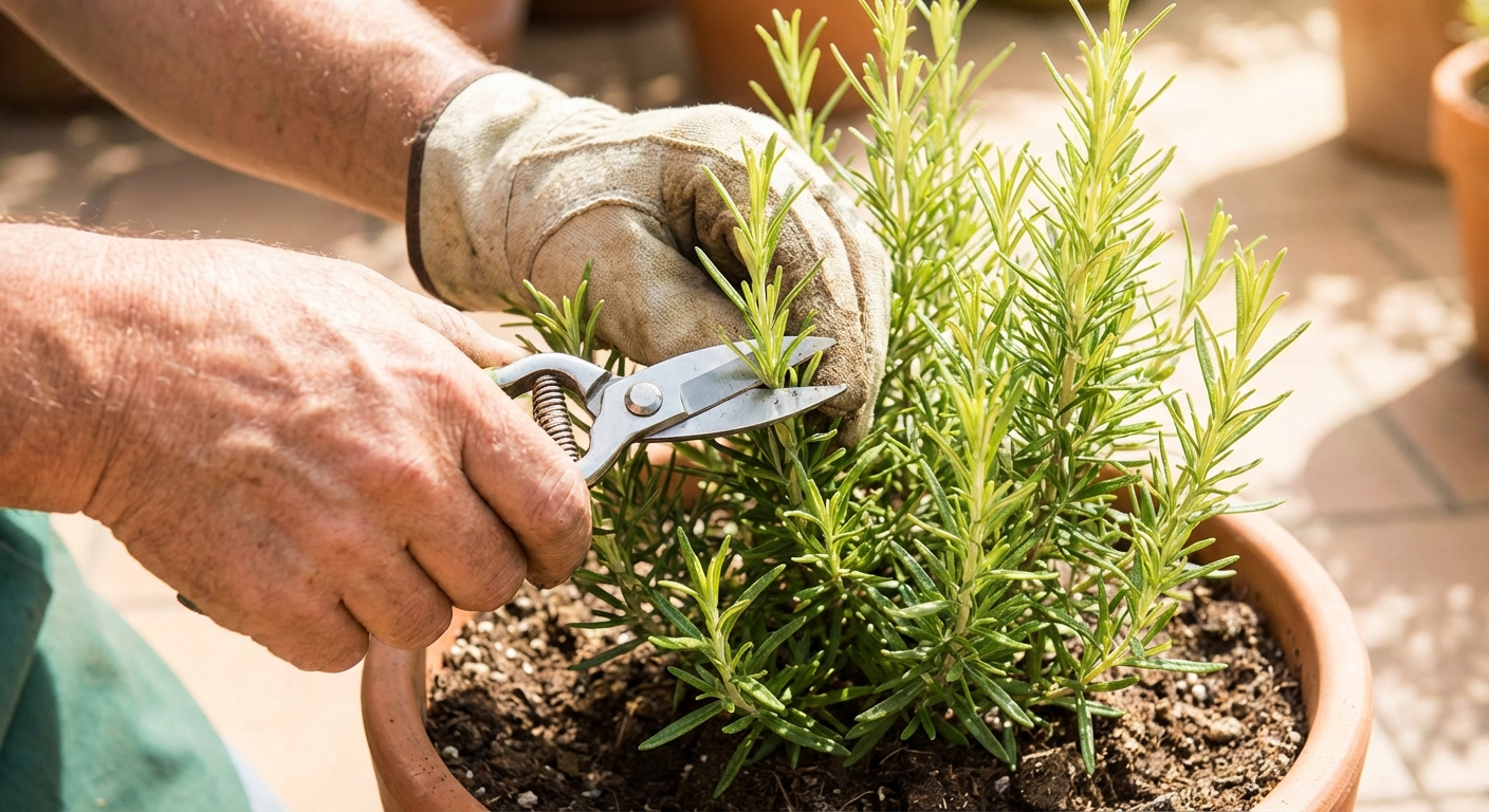 A close-up photo of hands using clean garden snips to trim the soft green tips of a rosemary plant, with the plant in a pot outdoors in bright natural light, photorealistic