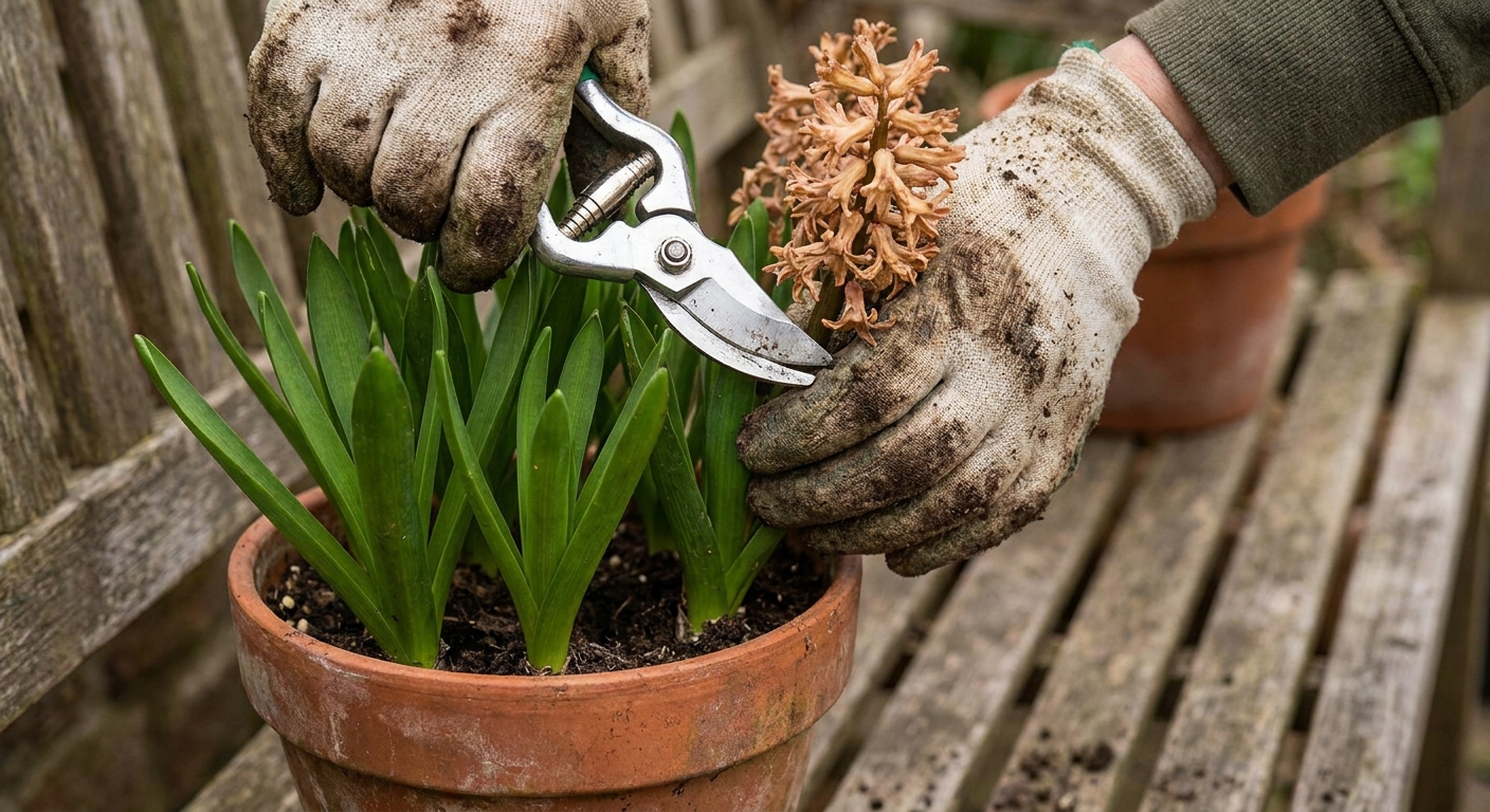 A close-up photo of hands using clean scissors to snip a spent hyacinth flower spike above green leaves in a small pot