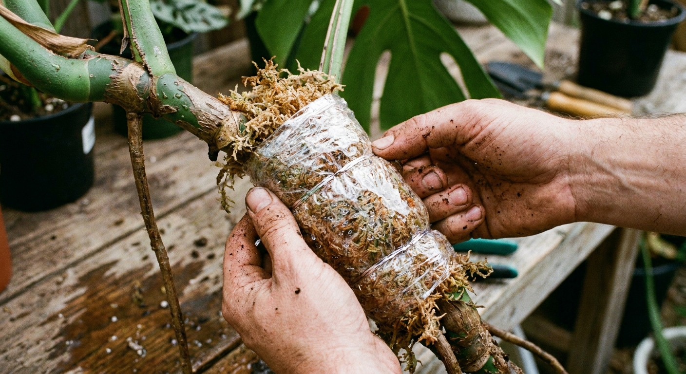 A close-up photo of hands wrapping damp sphagnum moss around a woody houseplant stem and sealing it with clear plastic wrap and twist ties