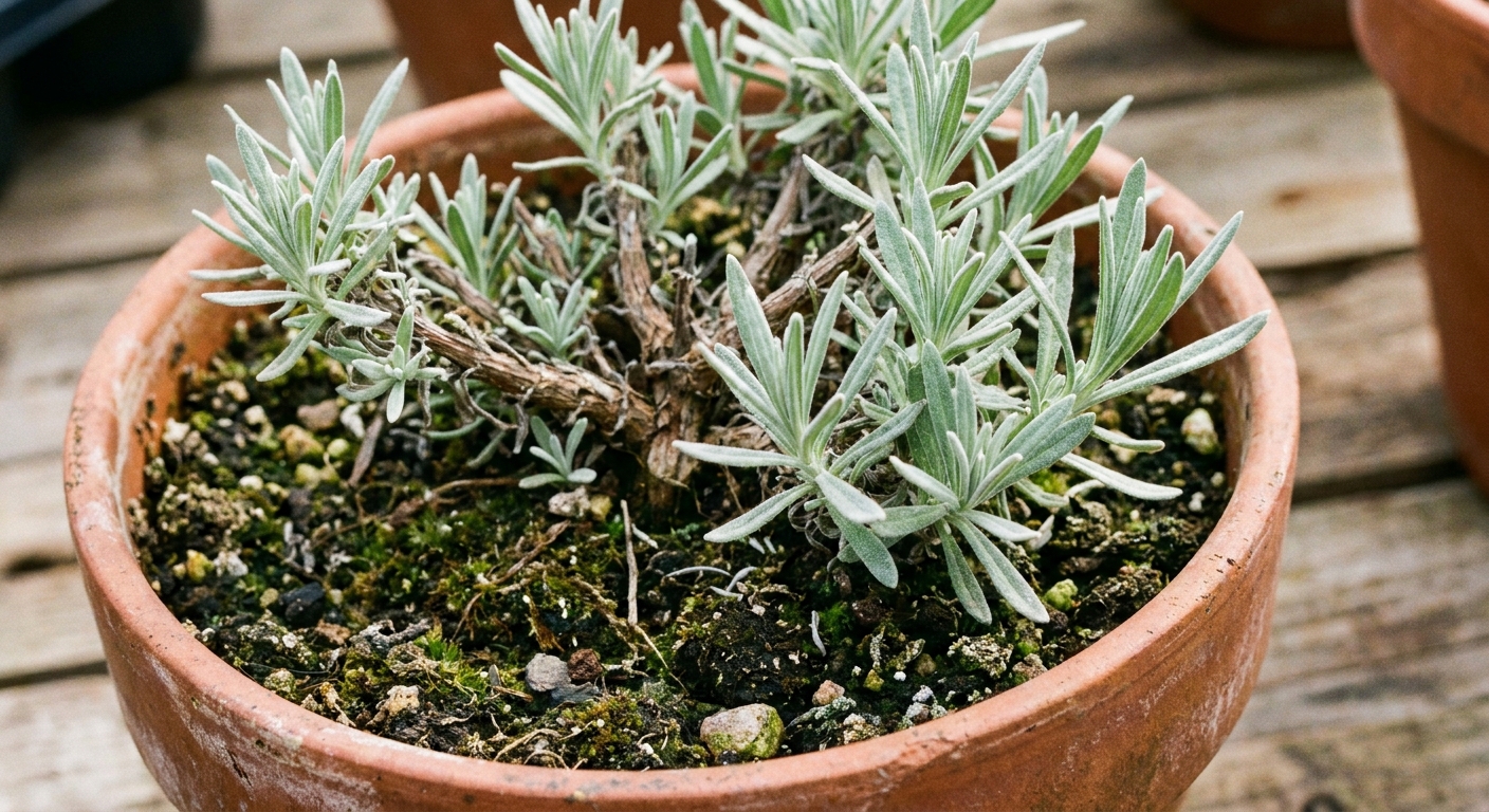 A close-up photo of potted lavender in early spring showing fresh silvery-green new shoots emerging from the base