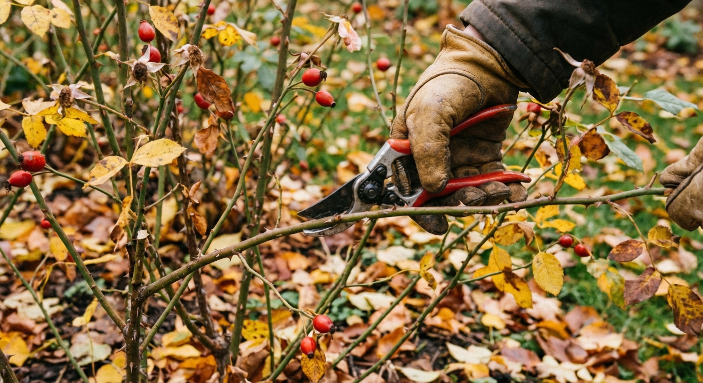 A close-up photo of rose canes in an autumn garden with a gardener lightly trimming long stems to prevent wind damage