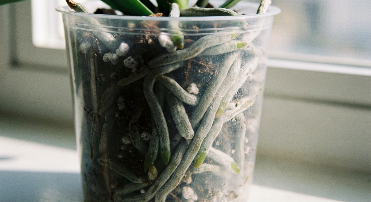 A close-up photo of silvery gray Phalaenopsis orchid roots pressed against a clear nursery pot, showing the dry velvety surface of the roots in natural window light