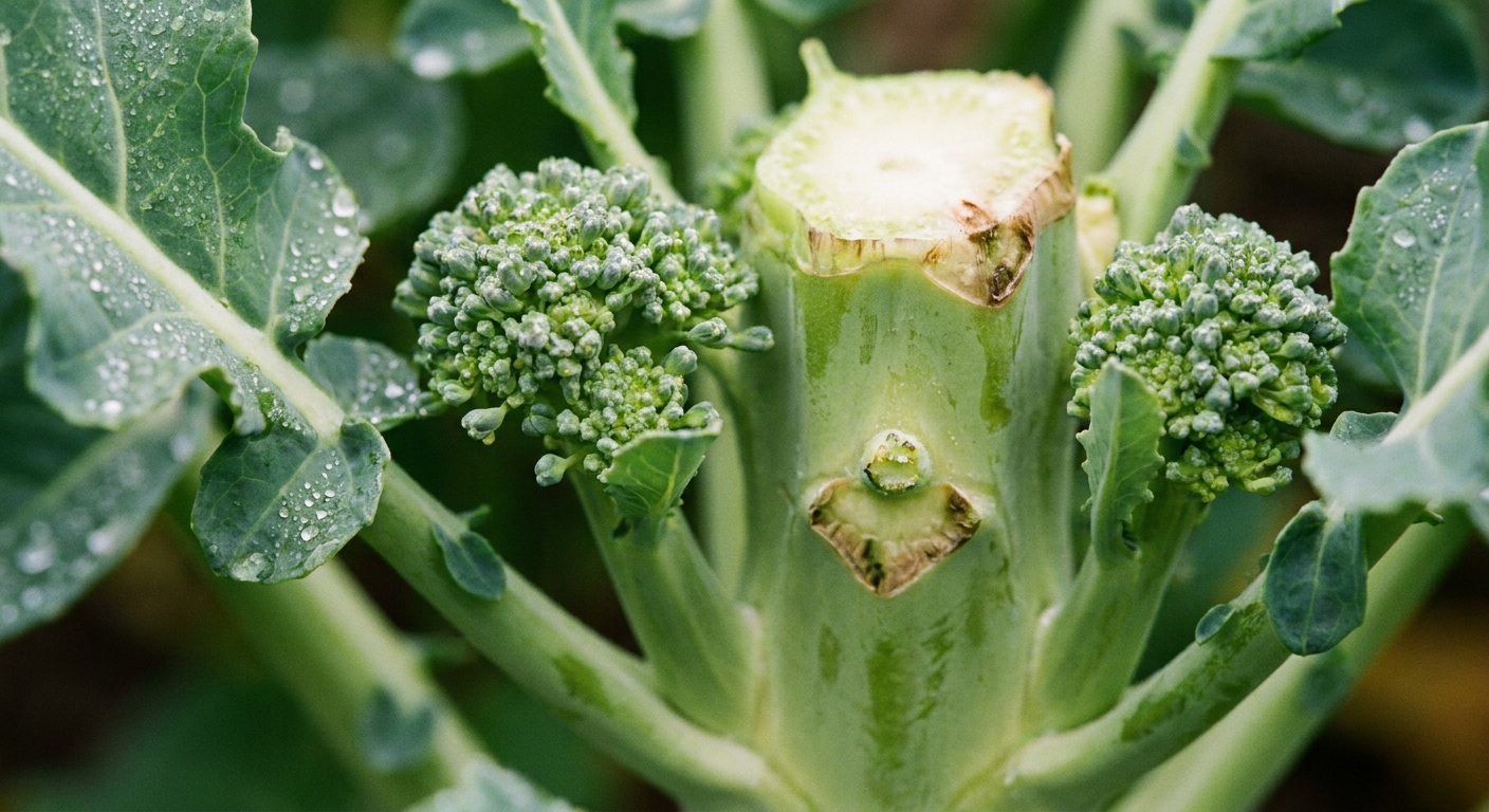 A close-up photo of small broccoli side shoots forming along the stem after the main head was harvested, with crisp green leaves in focus