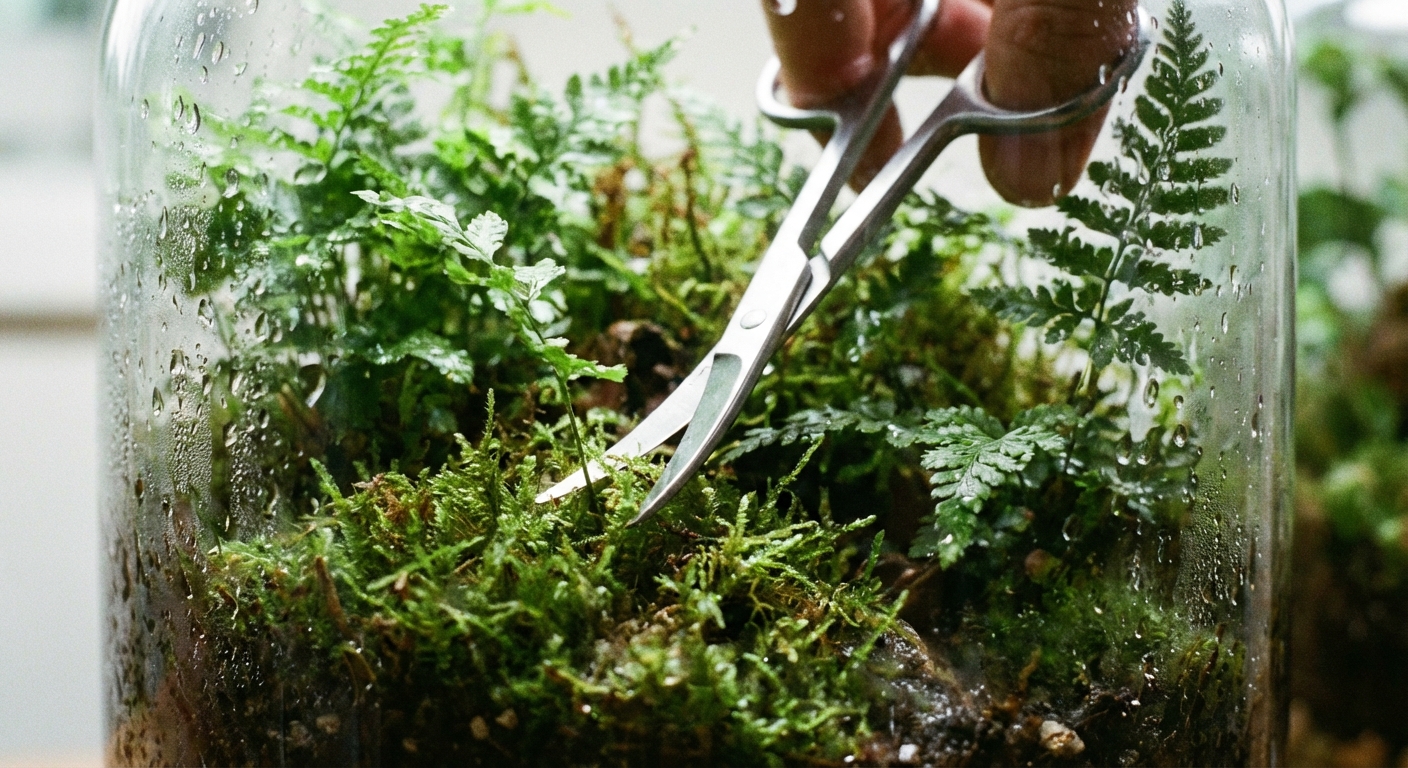 A close-up photo of small scissors trimming overgrown terrarium plants inside a glass container