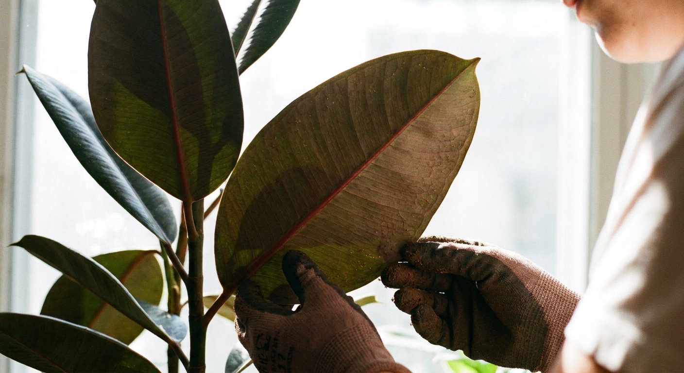 A close-up photo of someone holding a rubber plant leaf and inspecting the underside in bright window light