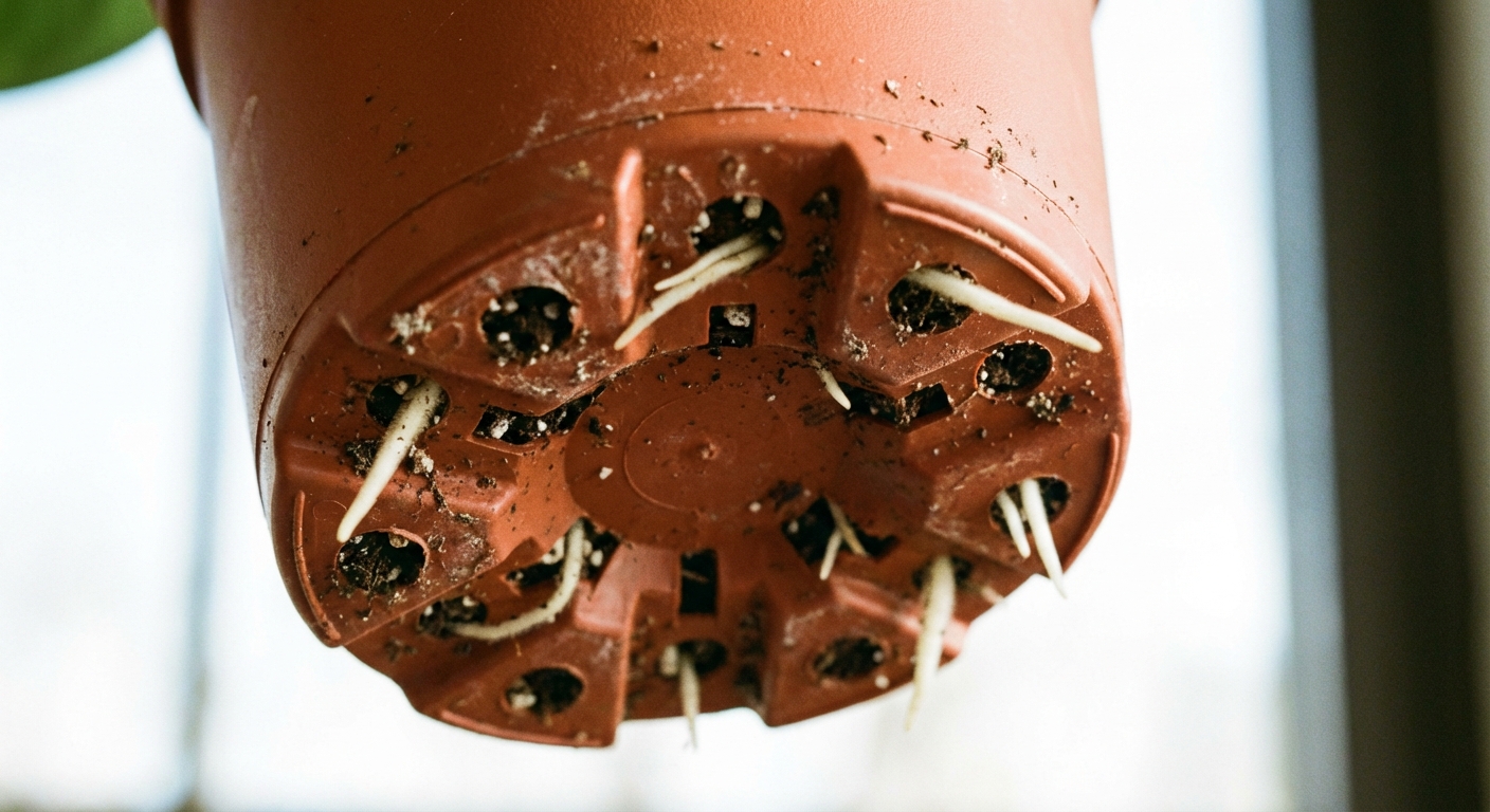 A close-up photo of the bottom of a nursery pot showing multiple drainage holes with a few clean roots visible near the openings, indoor natural light, photorealistic