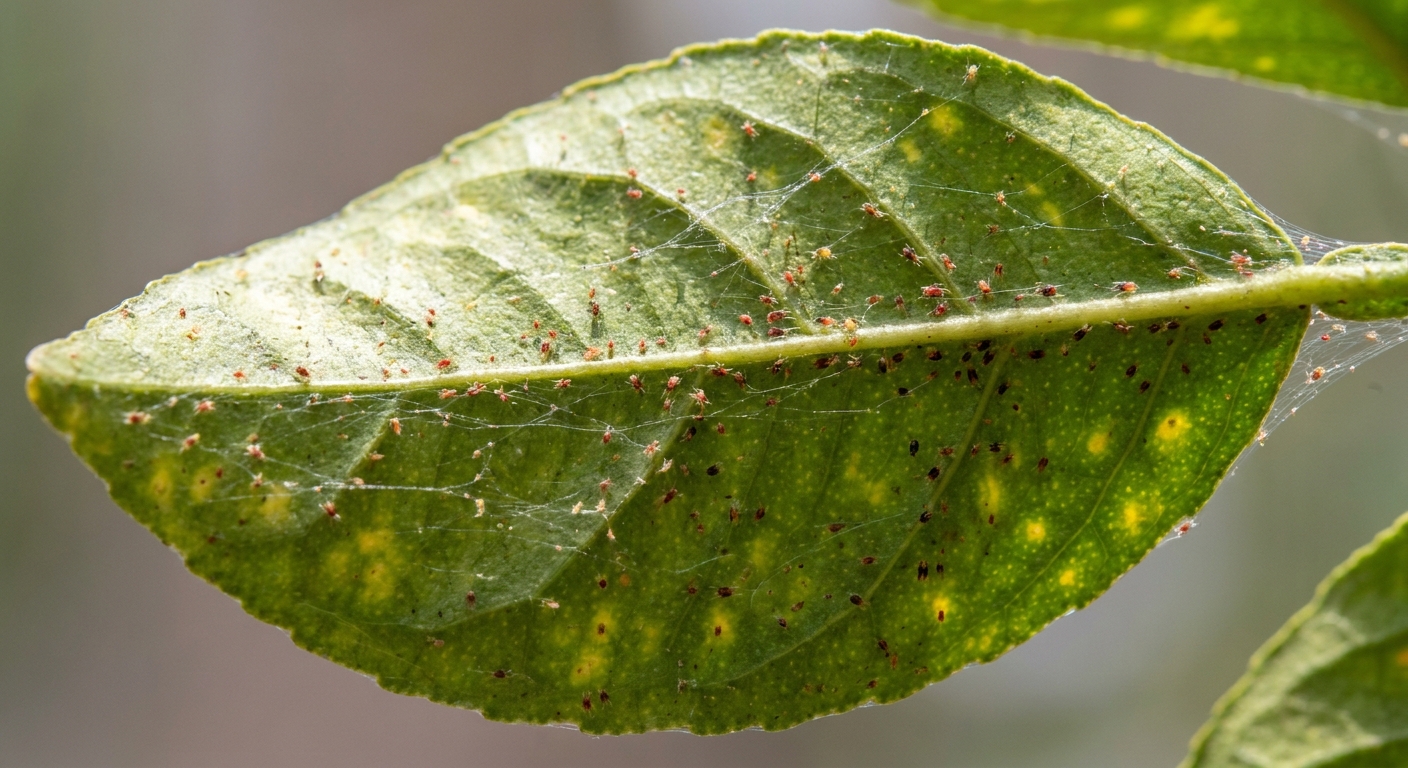 A close-up photo of the underside of a lemon tree leaf showing fine webbing and tiny spider mites along the veins