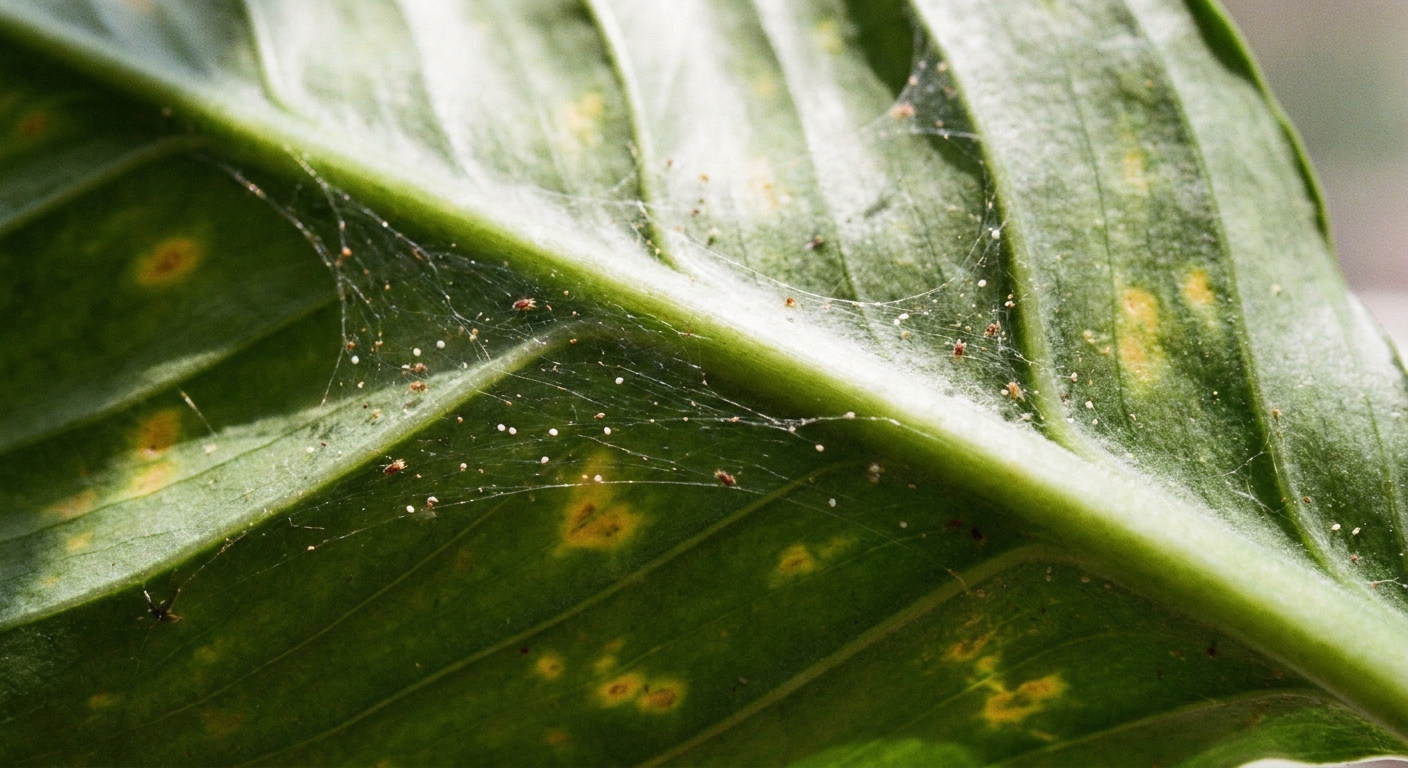 A close-up photo of the underside of a peace lily leaf showing fine spider mite webbing along the veins