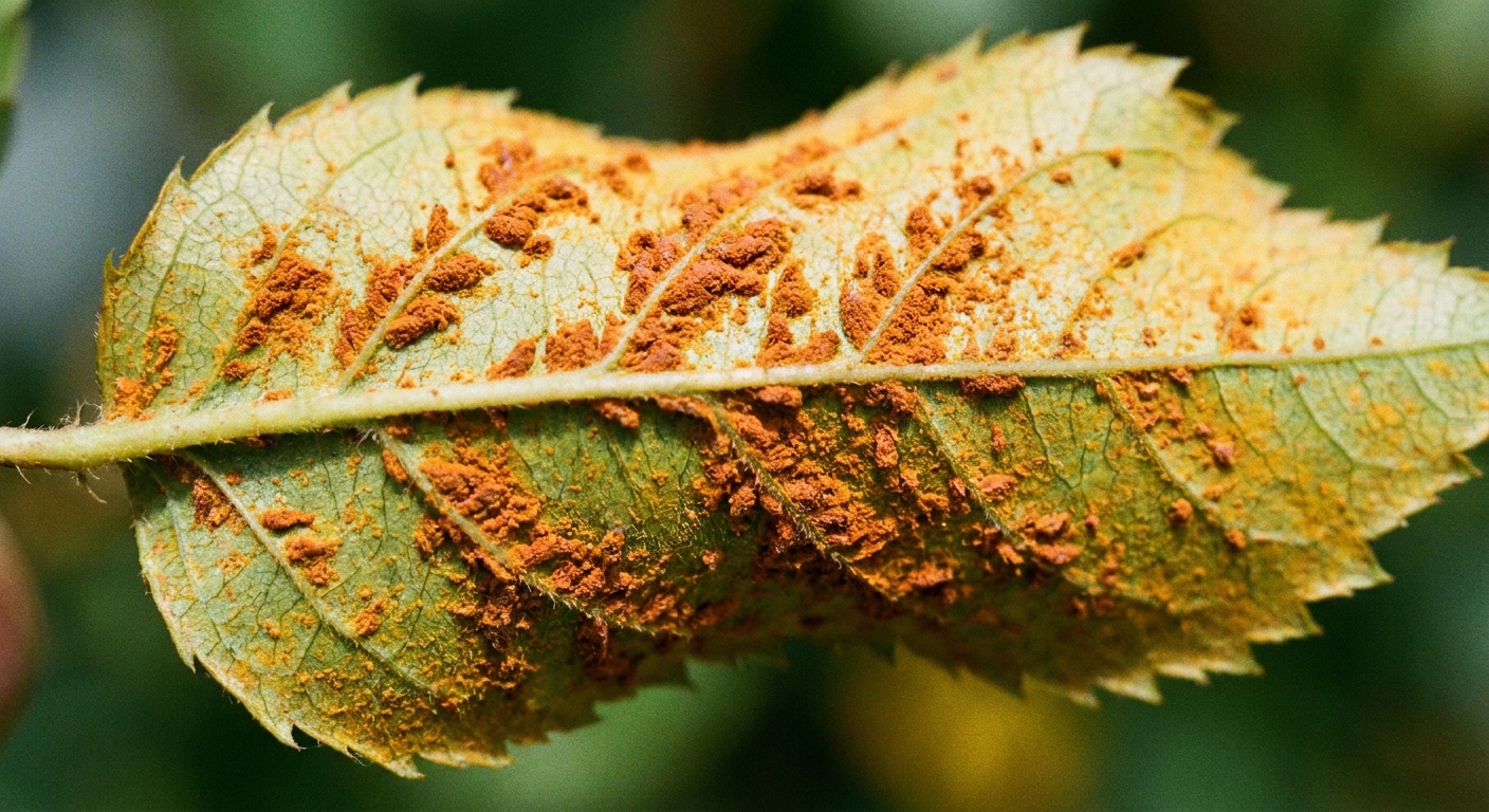 A close-up photo of the underside of a rose leaf showing orange rust pustules clustered along veins