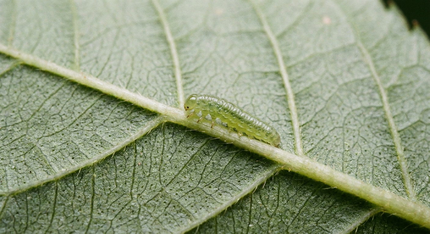 A close-up photo of the underside of a rose leaf with a small green sawfly larva resting along the leaf surface