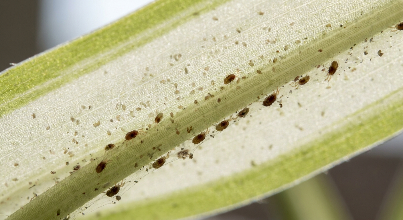 A close-up photo of the underside of a spider plant leaf showing tiny pale specks and small insects clustered near the midrib