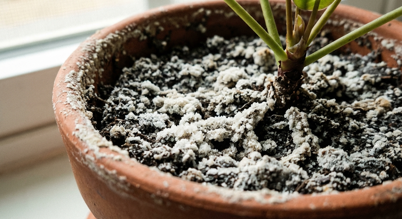 A close-up photo of white mineral crust on the surface of potting soil around a houseplant in a terracotta pot, indoor lighting, photorealistic