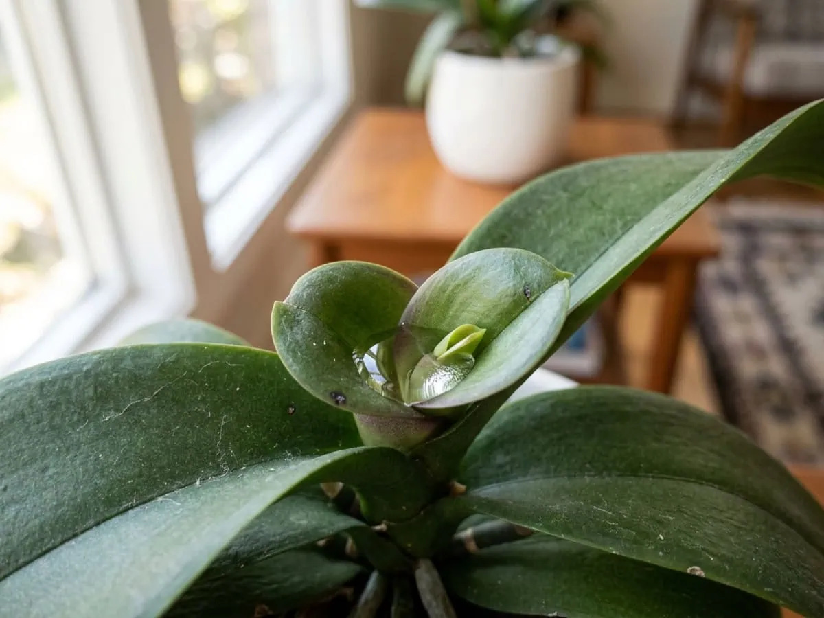 A close-up photograph of a Phalaenopsis orchid stem at the leaf junction showing where new growth emerges between the leaves