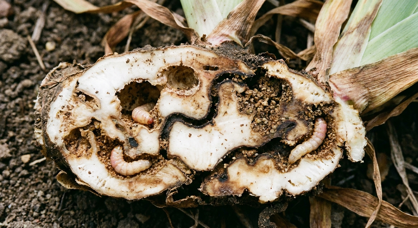A close-up photograph of a bearded iris rhizome cut open, showing hollowed interior sections and chewed tunnels consistent with iris borer feeding