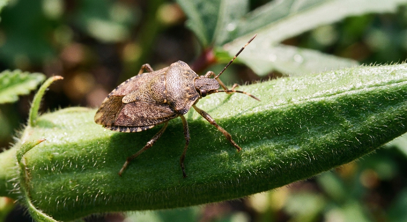 A close-up photograph of a brown stink bug perched on a green okra pod in a garden, natural lighting