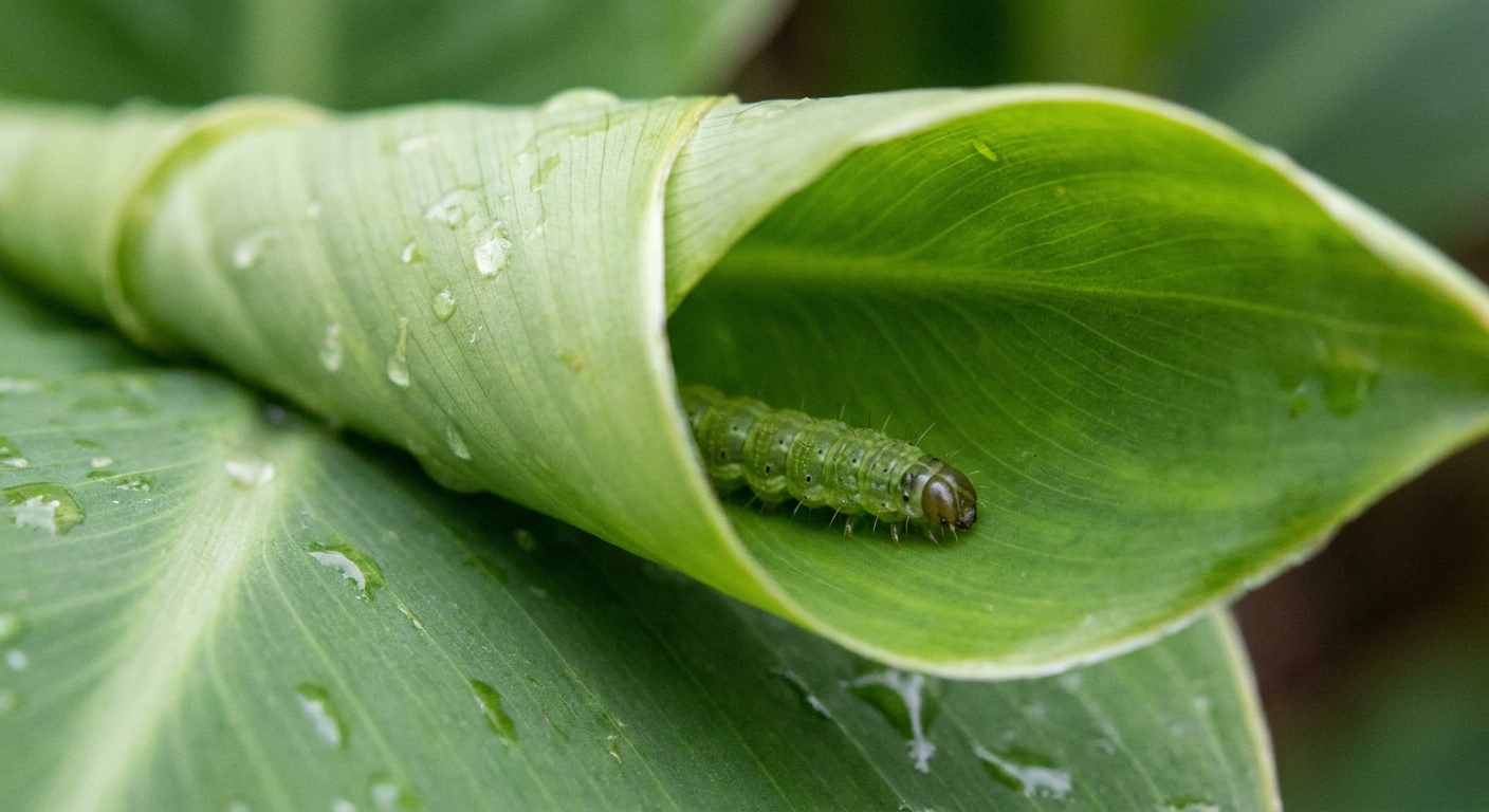 A close-up photograph of a canna leaf partially unrolled, revealing a small green caterpillar with a darker head resting inside the leaf tube