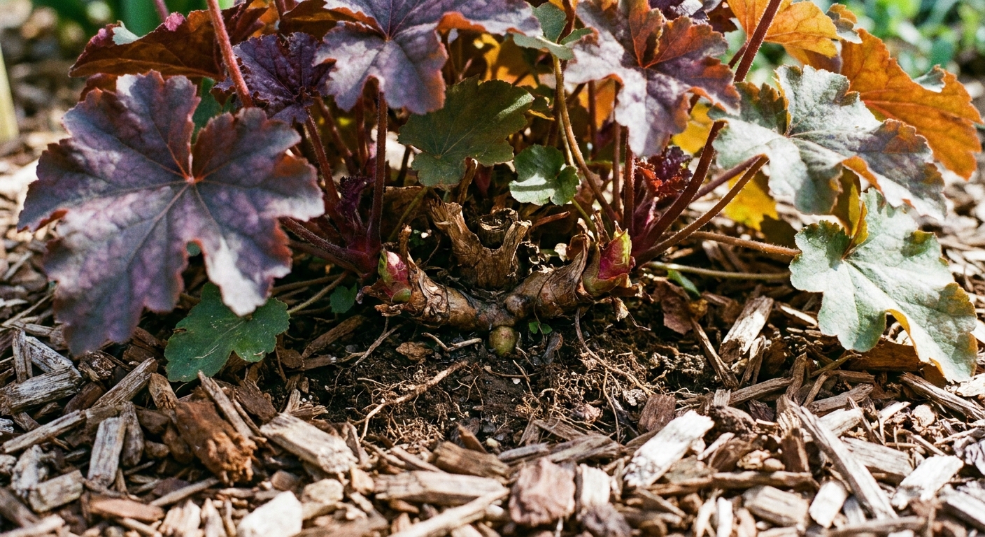 A close-up photograph of a coral bells plant with the crown slightly raised above the soil surface and mulch kept back for airflow