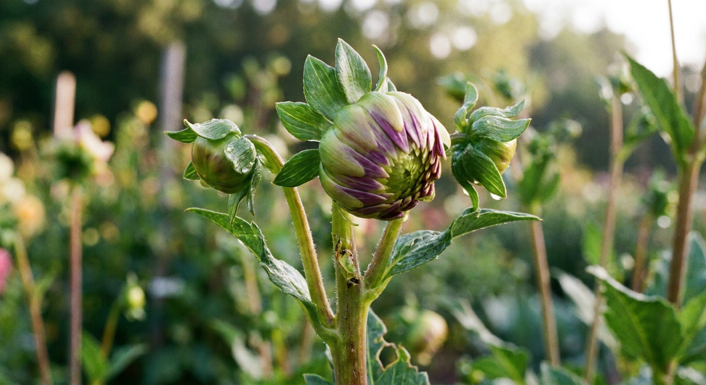 A close up photograph of a dahlia stem with a cluster of three developing buds, showing the larger center bud and two smaller side buds in a garden setting