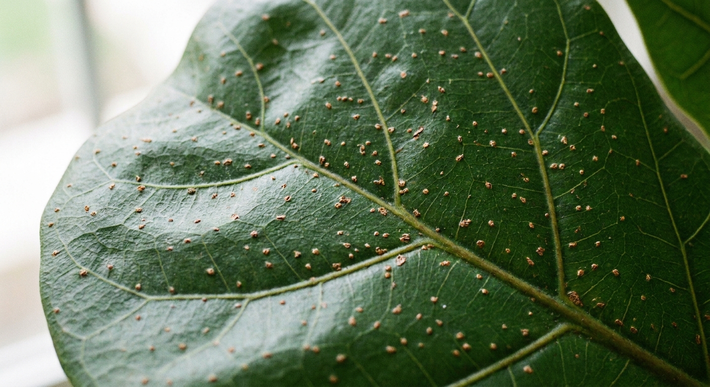 A close-up photograph of a fiddle leaf fig leaf with many tiny brown speckles consistent with edema scarring