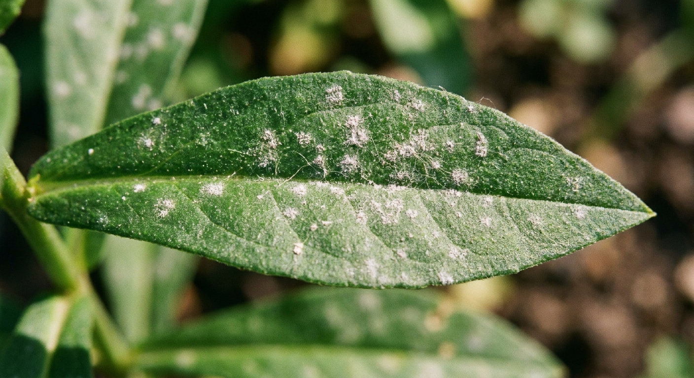 A close-up photograph of a garden phlox leaf showing early powdery mildew as small white dusty patches on the surface