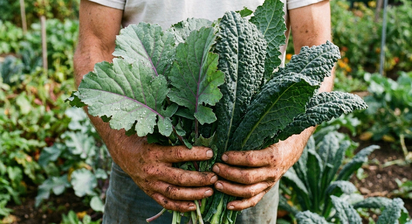 A close-up photograph of a gardener holding freshly harvested kale leaves in a garden, showing curly and flat leaf textures