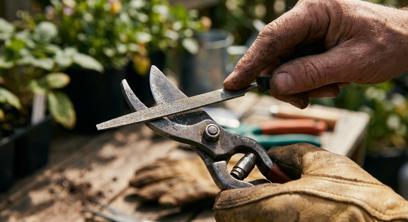 A close-up photograph of a gardener sharpening the beveled edge of bypass hand pruners with a small diamond file in natural outdoor light