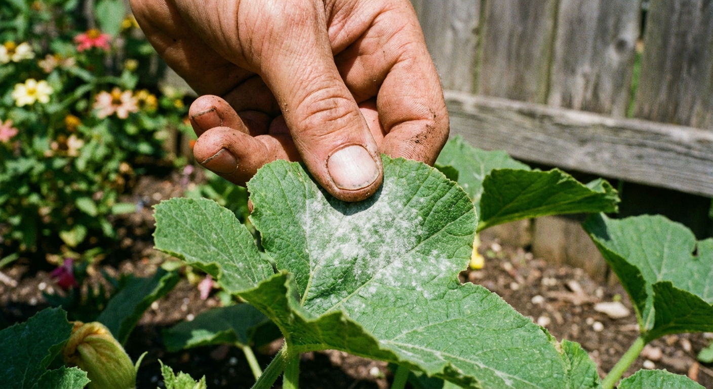 A close-up photograph of a gardener's fingers gently wiping a white powdery patch on a green leaf outdoors