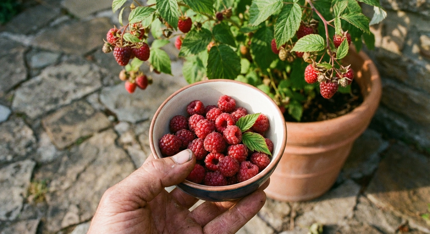 A close-up photograph of a hand holding a small bowl of freshly picked raspberries on a patio, with a raspberry plant in a container softly blurred in the background