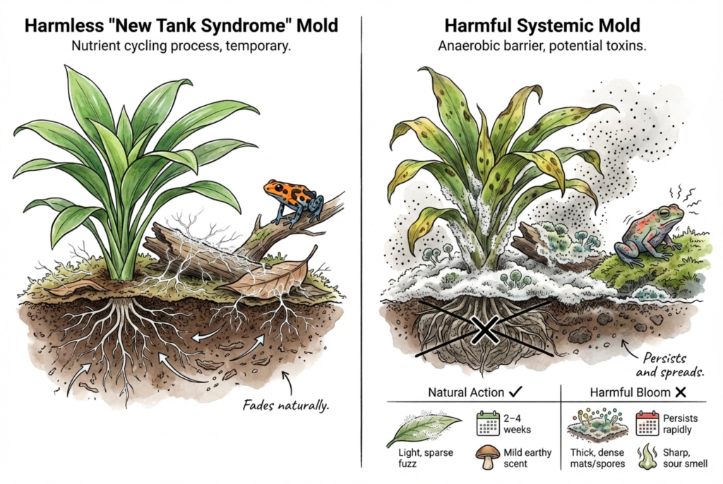 A close-up photograph of a hand using tweezers to remove white fuzzy mold from the soil surface inside a glass terrarium