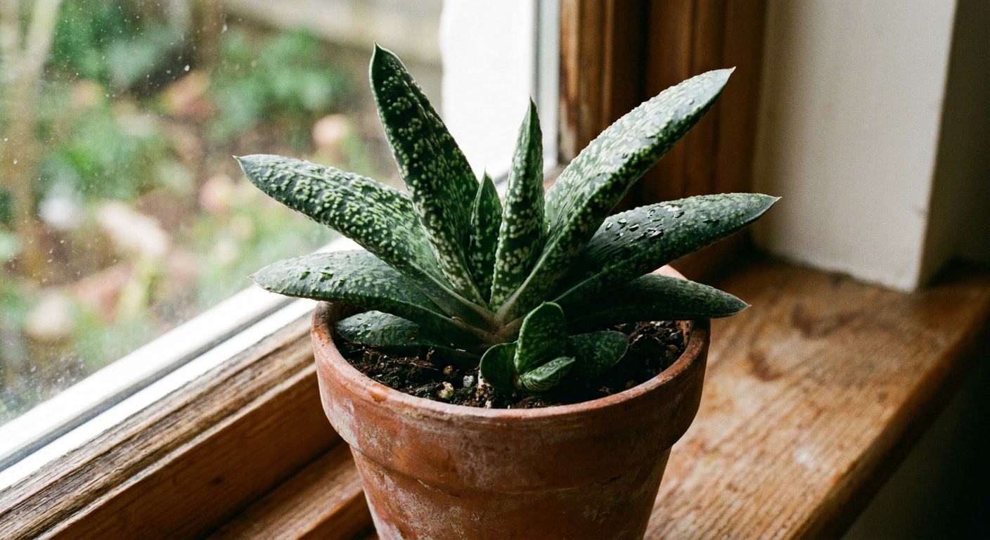 A close-up photograph of a healthy Gasteria succulent in a small terracotta pot on a bright indoor windowsill, with thick mottled green leaves and natural morning light