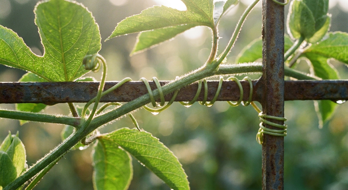 A close-up photograph of a passion flower vine stem with green tendrils curling and gripping a metal trellis, with soft sunlight highlighting the texture of the leaves