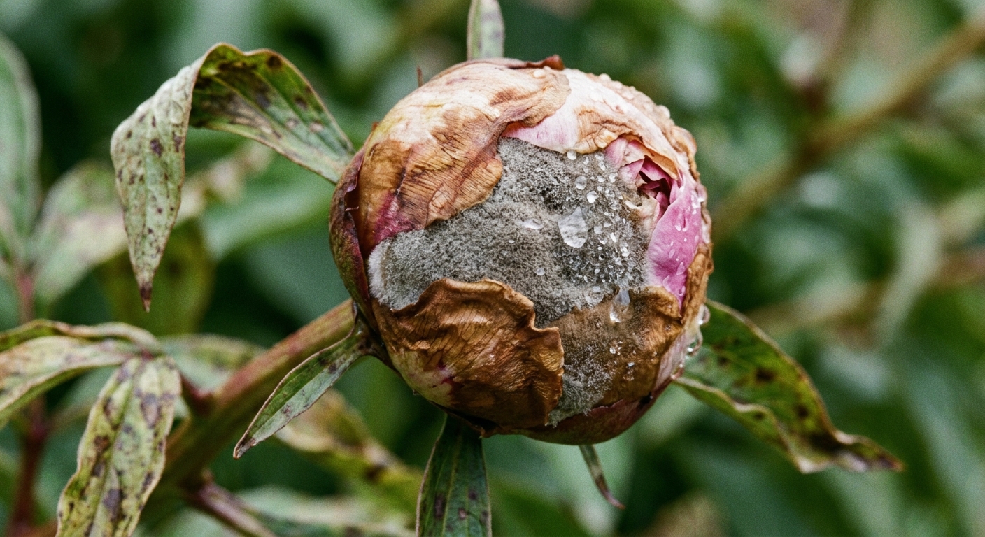 A close-up photograph of a peony bud with brown discoloration and a patch of gray fuzzy mold on the outer petals