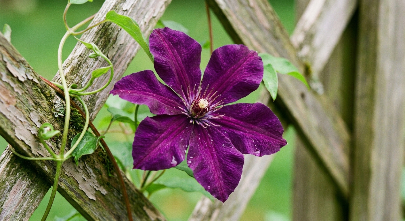 A close-up photograph of a purple clematis flower in bloom with green vine stems wrapped around a wooden trellis, shallow depth of field