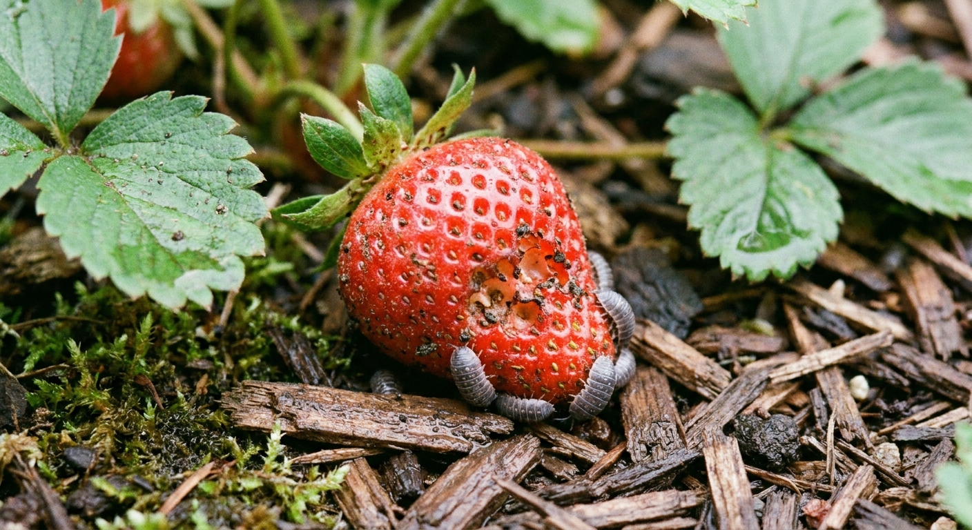 A close-up photograph of a ripe strawberry in a garden bed showing small chewed pits on the side touching damp mulch, with a few pill bugs nearby