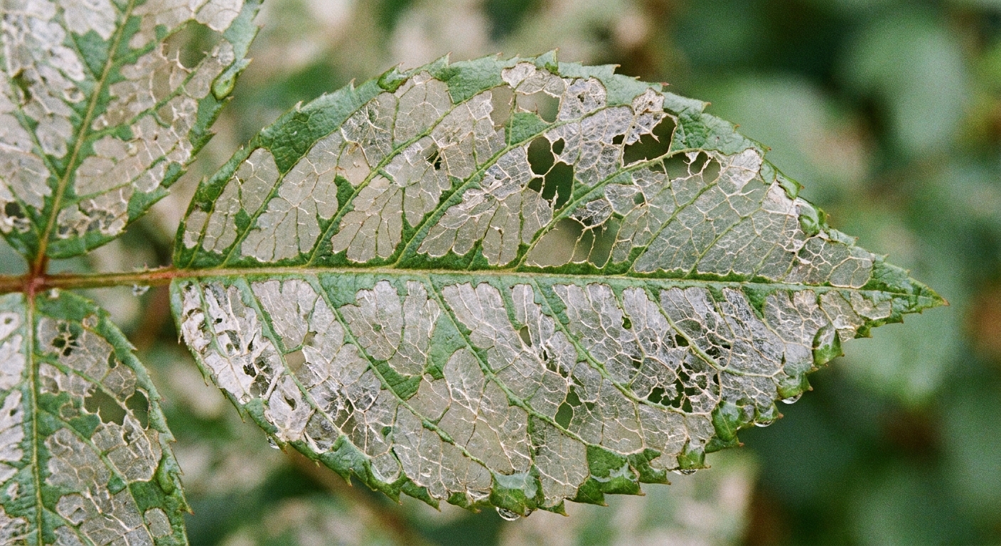 A close-up photograph of a rose leaf showing windowpane damage where the green surface looks transparent and papery, with the leaf veins still intact