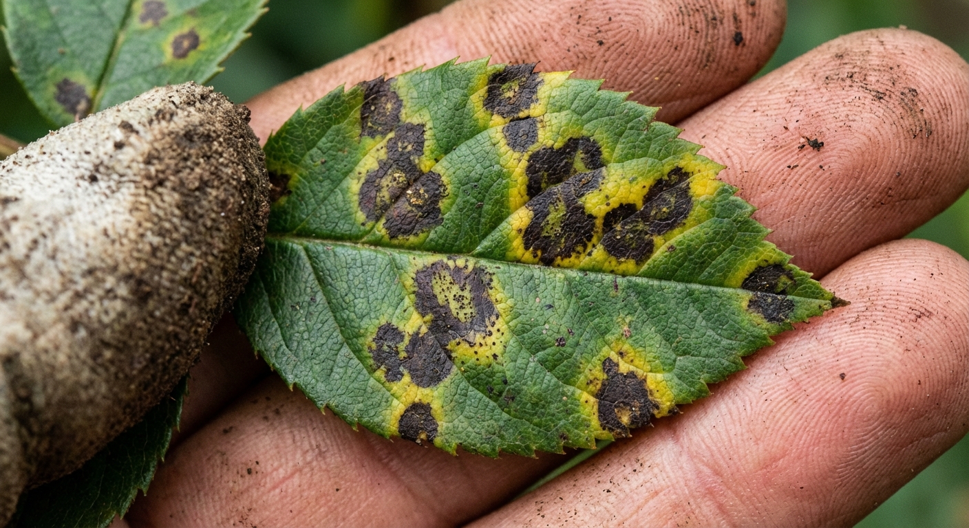 A close-up photograph of a rose leaf with several black spot lesions and surrounding yellowing, the leaf held in a gardener's hand in outdoor daylight
