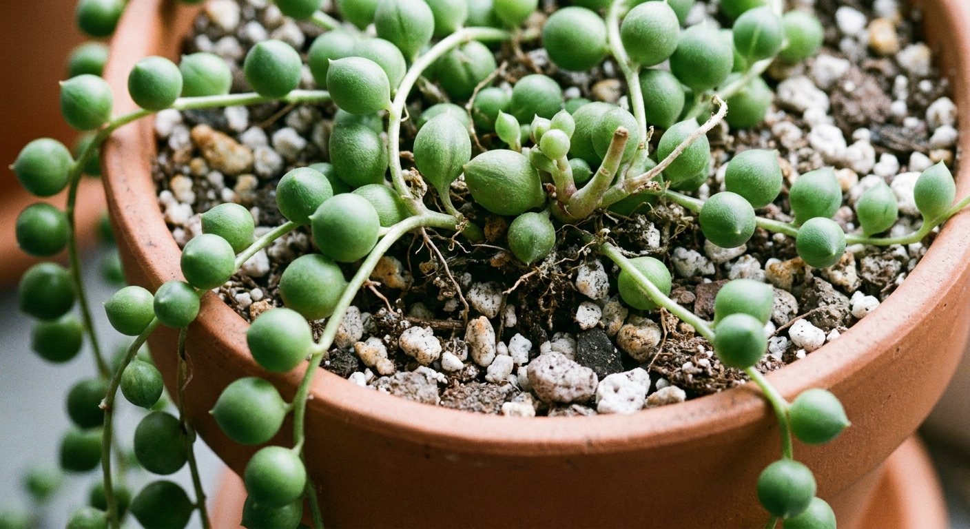 A close-up photograph of a string of pearls plant at the soil line with trailing stems and the crown area visible for inspection