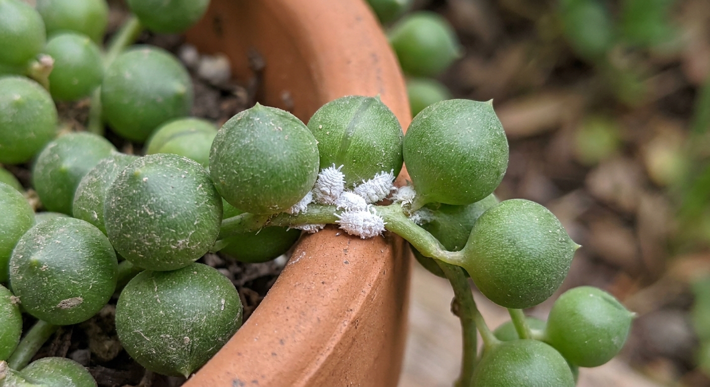 A close-up photograph of a string of pearls stem with small white cottony mealybugs clustered near a node