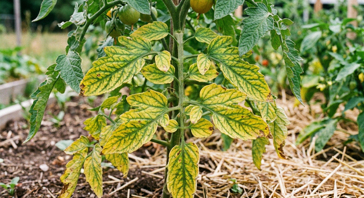 A close-up photograph of a tomato plant with older lower leaves showing yellowing between green veins in an outdoor garden bed