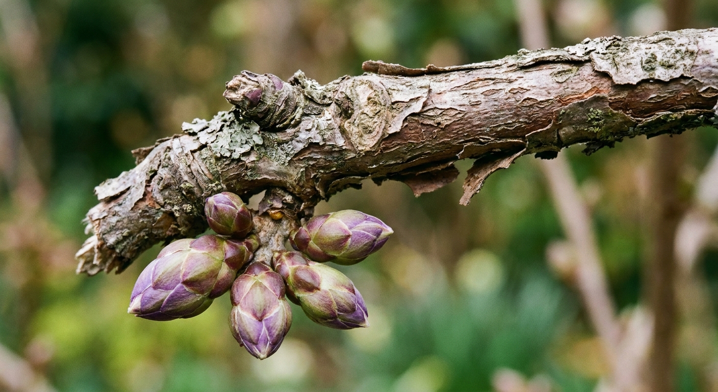 A close-up photograph of a woody wisteria spur with several swollen buds near the base, shallow depth of field