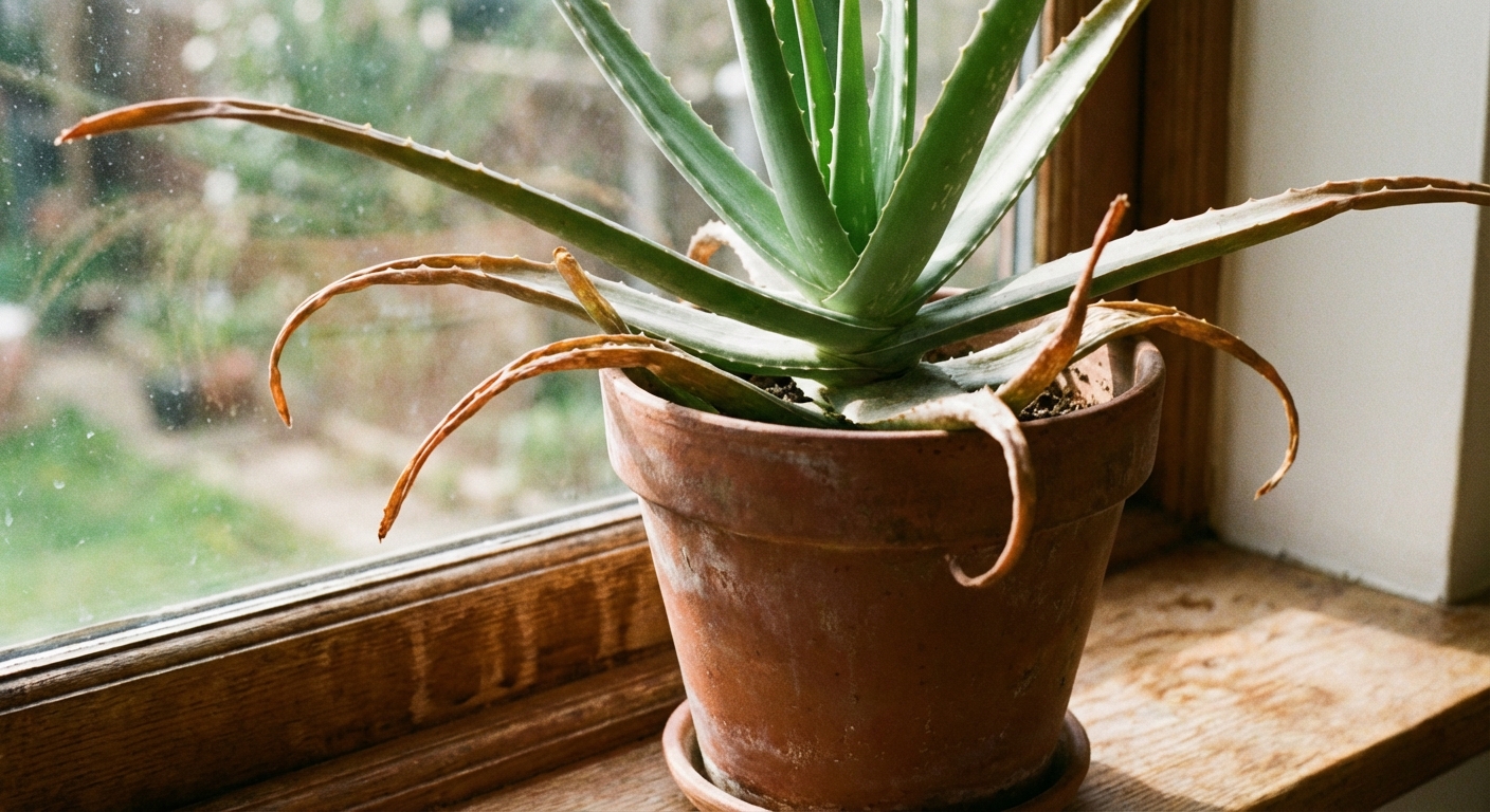 A close-up photograph of an aloe vera plant in a terracotta pot on a bright windowsill, with several outer leaves showing dry brown tips and edges, natural indoor light, shallow depth of field
